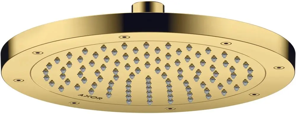 Kopfdusche von AXOR in glänzendem Gold mit gleichmäßig angeordneten Wasserstrahldüsen auf einer runden, flachen Oberfläche.